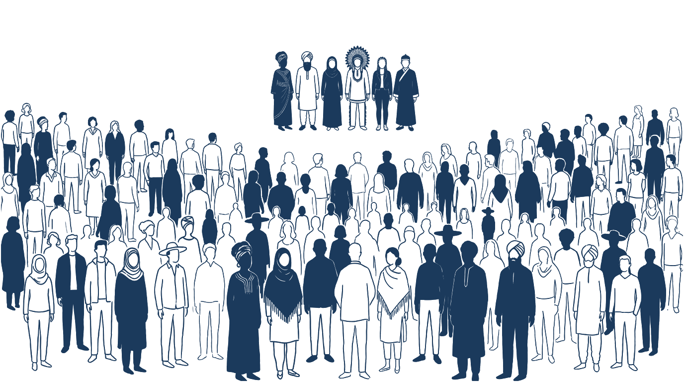 A large crowd with a smaller group of distinct figures standing apart above them.
