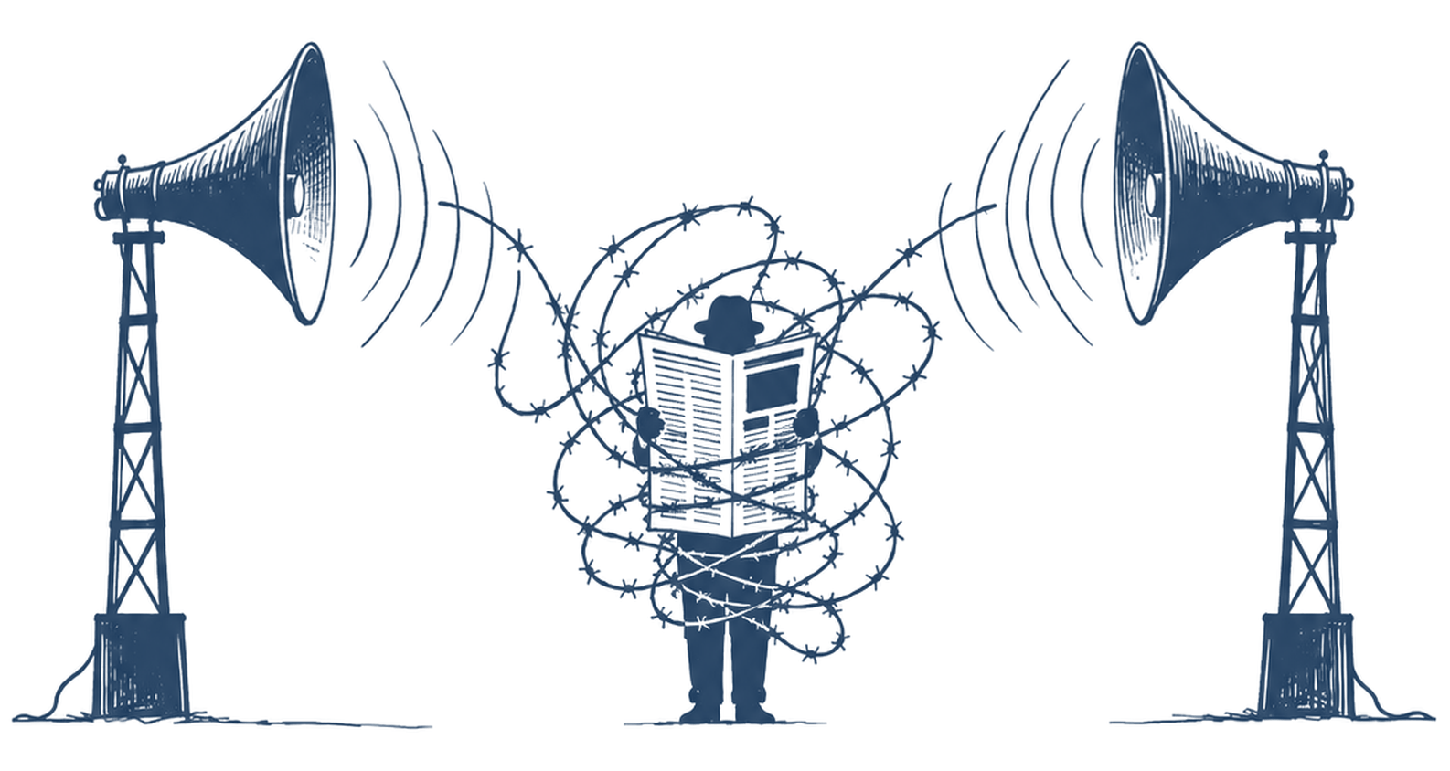 Two loudspeakers on towers broadcast from either side at a single figure who stands reading a newspaper, wrapped in coils of barbed wire.