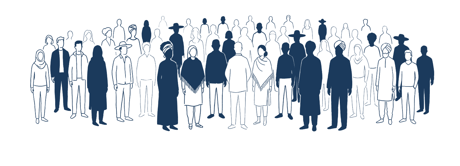 A crowd of people drawn in ink; some figures in solid navy, others in faint outline.