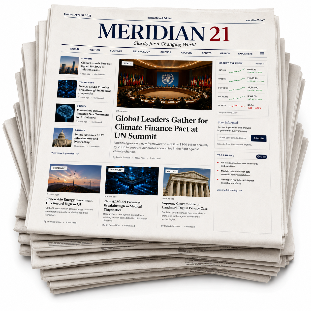 A mockup of the Meridian 21 newspaper front page on a stack of papers.