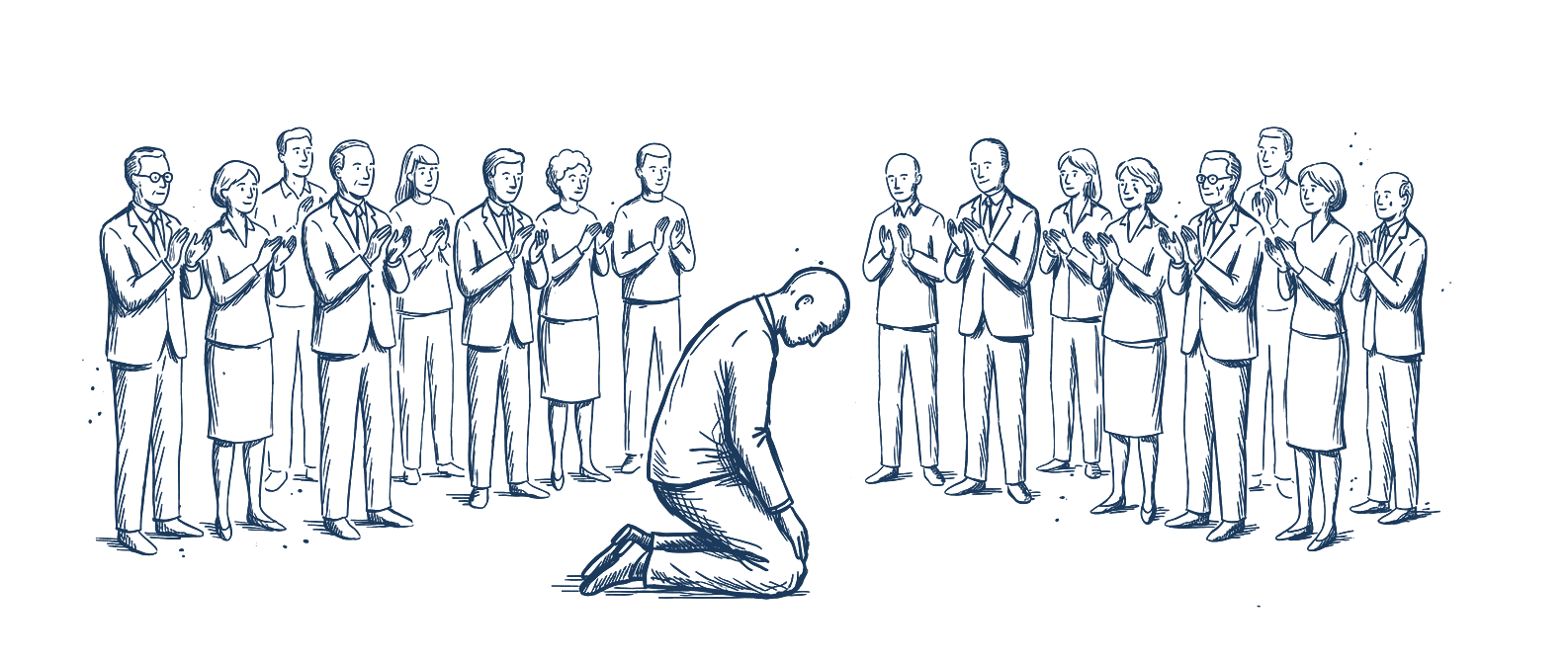 A kneeling person surrounded by people applauding.