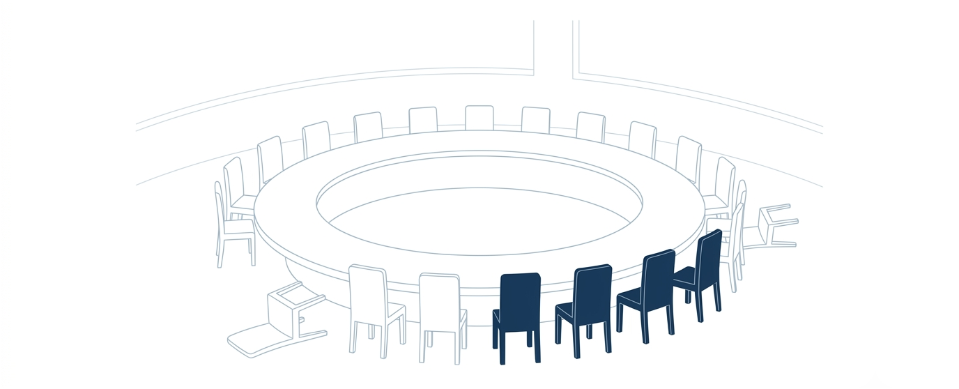 An empty circular council table with several dark navy chairs in the foreground.