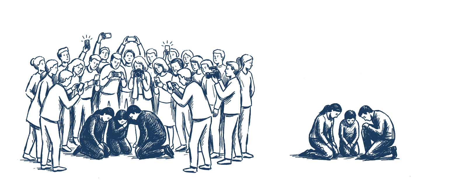 A crowd records one grieving group while another grieving family sits alone.