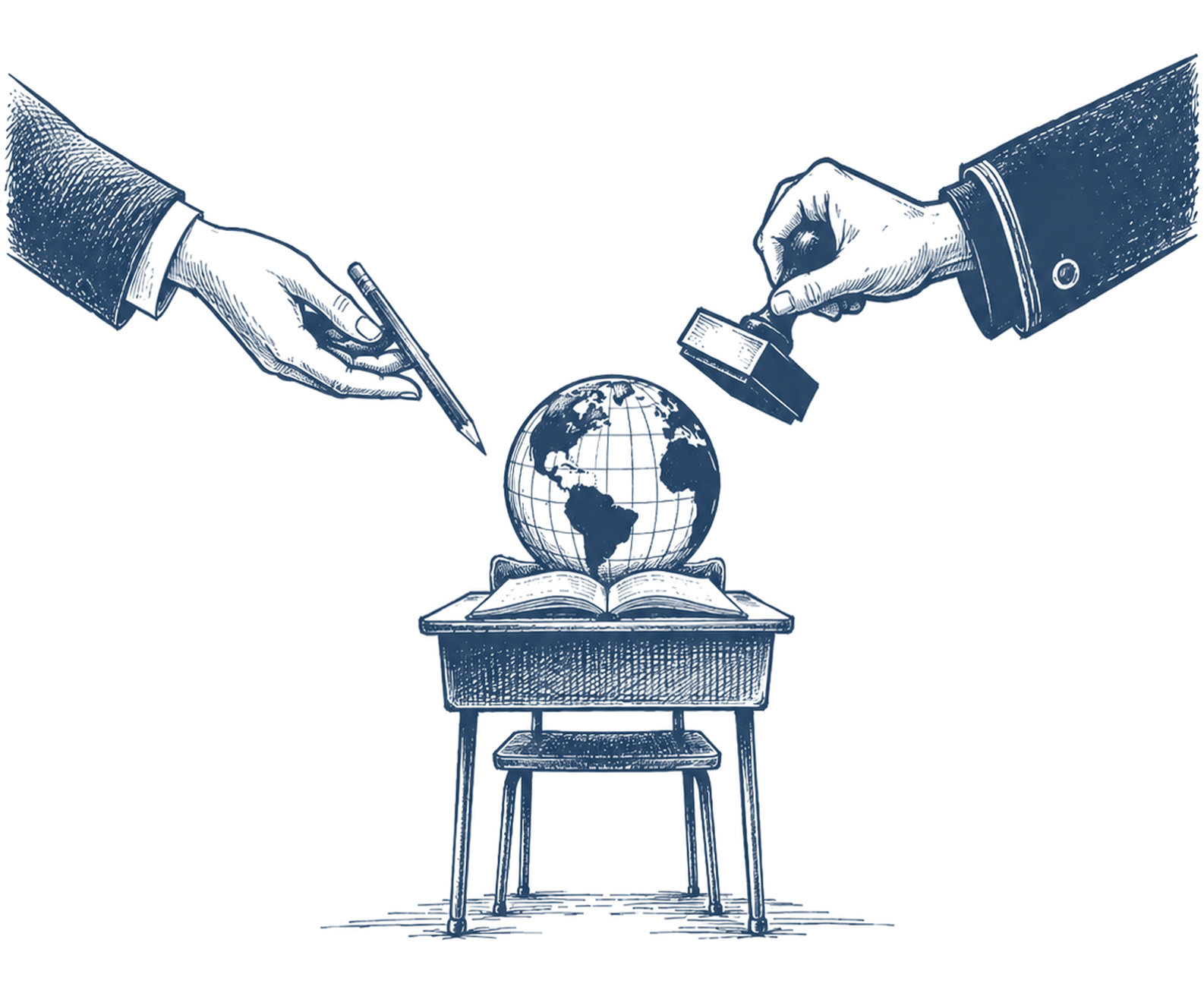 A school desk carrying an open book and a globe; two hands reach in from either side, one holding a pencil, the other a stamp.